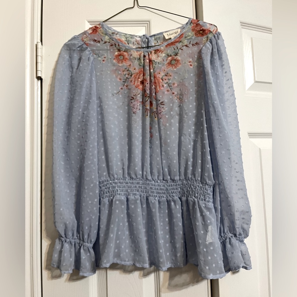 Light Baby Blue, Floral Pattern, Ruffle Bottom, Long Sleeved Blouse